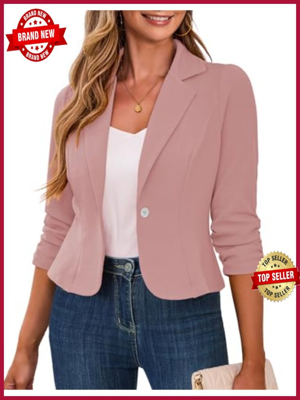 Cropped Blazer 3/4 Ruched Sleeve Business Casual Button-Up Lined